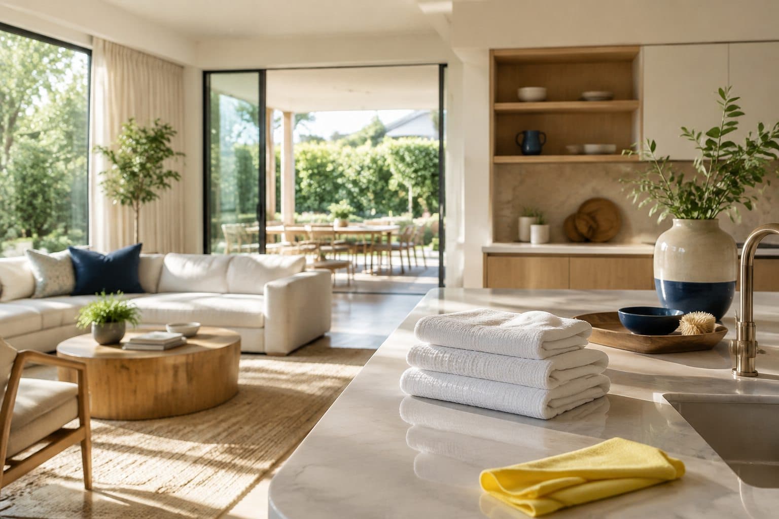 Sunlit living room with crisp, clean surfaces